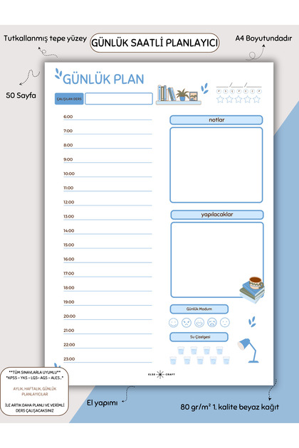 Günlük Saatli Planlayıcı - A4 - Dikey - Ders Çalışma Planlayıcısı Notepad - Mavi No 4.03