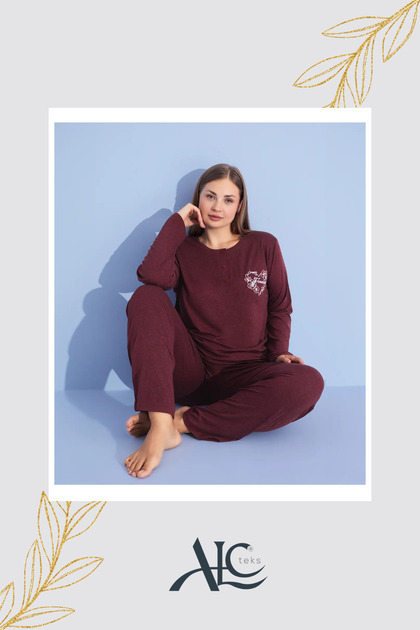 Women's Pajama Set Plus Size Burgundy Button Detailed & Long Sleeved Elegance