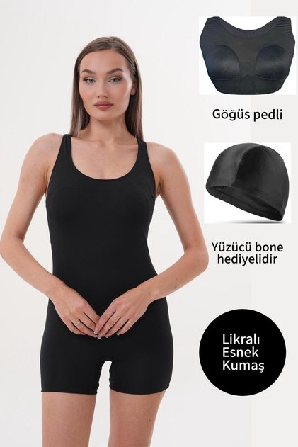 Kadın Düz Renk Şortlu Yüzücü Mayo Siyah 4110 (GÖĞÜS PEDLİ)