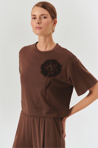 Brown Crop Modal Blended Knitted T-Shirt with Embroidery Detail