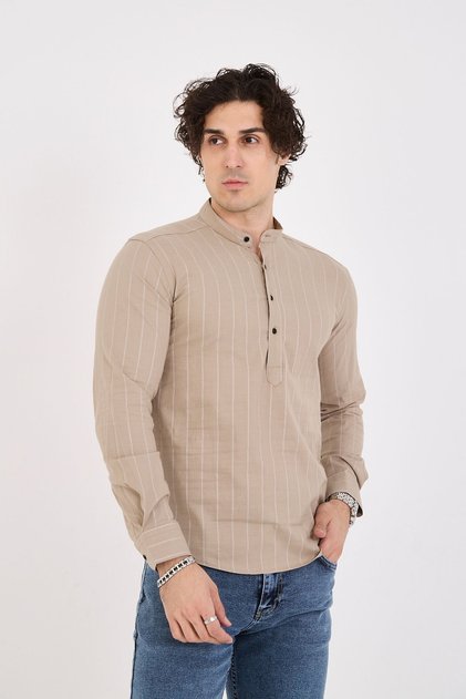 Half Placket Judge Collar Striped Stretch Linen Texture Cotton Silim Fit Men's Shirt