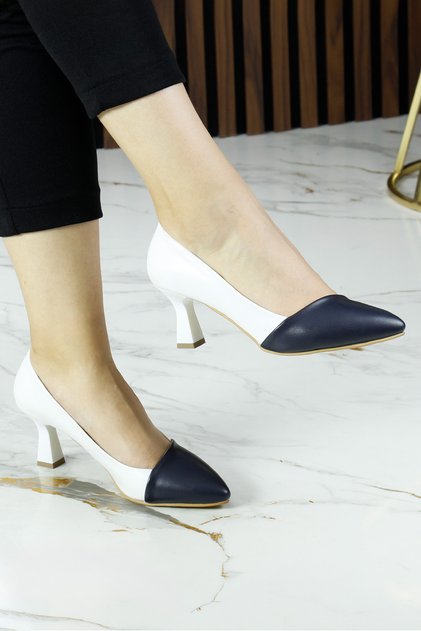 Laura Navy Blue White Color Block Pointed Toe Classic Thin Heeled Shoes