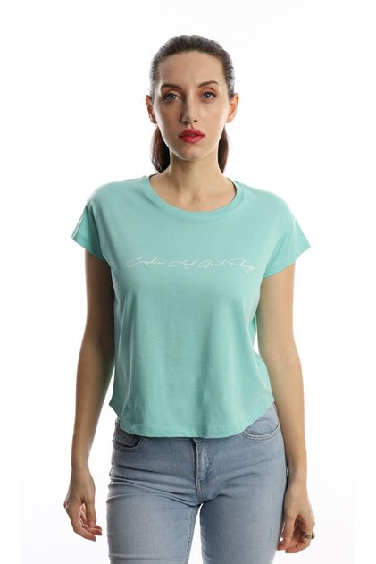 Women's Crew Neck Printed Crop T-Shirt Turquoise