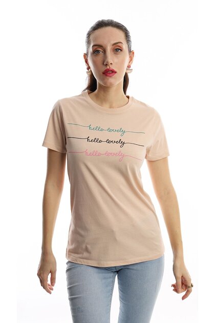 Women's Hello Lovely Text Printed T-Shirt Beige