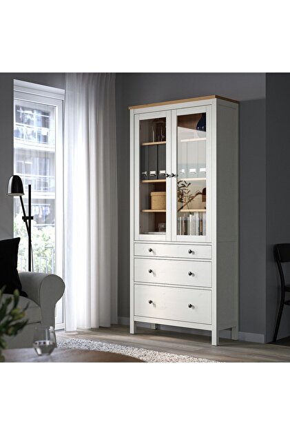 IKEA İKEA HEMNES vitrin, açık kahverengi, beyaz, venge-kahverengi