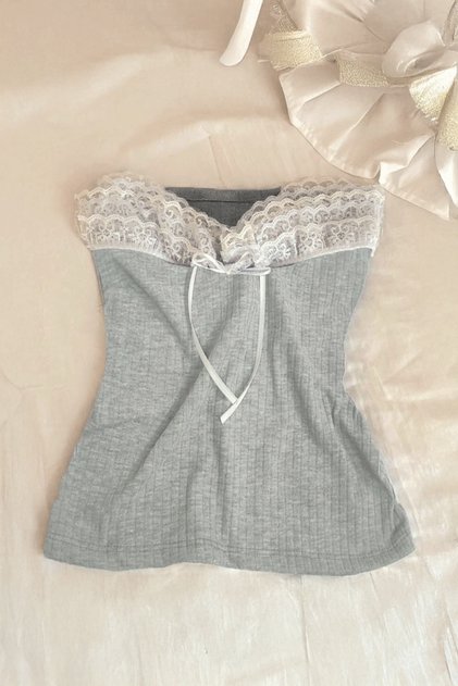 Gray Lace Ribbon Y2K Strapless Crop
