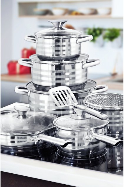 Set de vase de gătit cu 12 piese din oțel inoxidabil, linie Gourmet, oale, tigăi, inducție, toate aragazurile, potrivit pentru cuptor, spălat vase