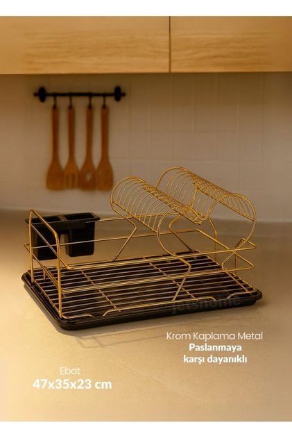 2 Katlı Bulaşıklık Tezgah Üstü Tabaklık BPA FREE Bulaşık Sepeti Kalpli Gold