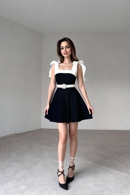 Women's Stripe Detail Strapless Neck Tie-Up Strap Design Black White Flared Belted Mini Evening Dress