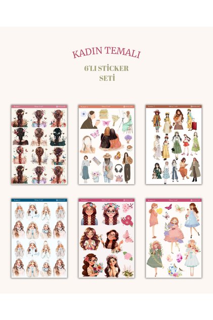 6'lı Kadın Temalı Sticker Seti–12x17 cm|Bullet Journal,Scrapbook,Ajanda ve Planlayıcı
