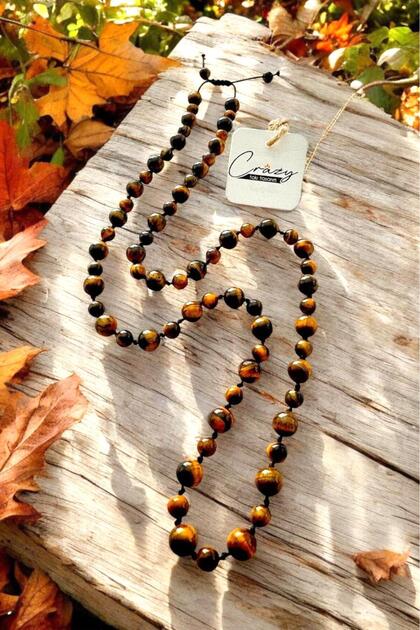 6&8 Mm Hakiki Kaplan Gözü Doğaltaş Uzun Unisex Kolye (70-80 CM)