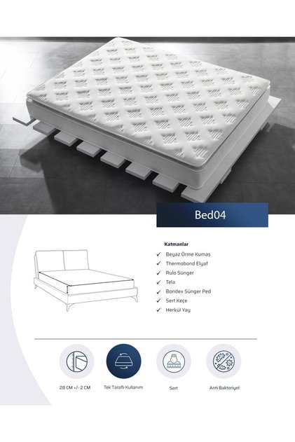 Çift Kişilik Sert Herkül Yaylı Yatak Bed‑04 | Pamuklu Kumaş, Ergonomik Pedli, Beyaz