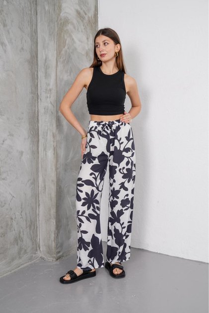 Women's Black and White Floral Patterned Belted Elastic Waist Relaxed Fit Palazzo Ayrobin Trousers