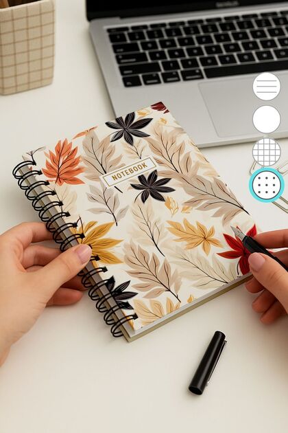 A5 Spiral Thick Cover Dotted Notepad, 80 Sheets 160 Pages, Autumn Leaves
