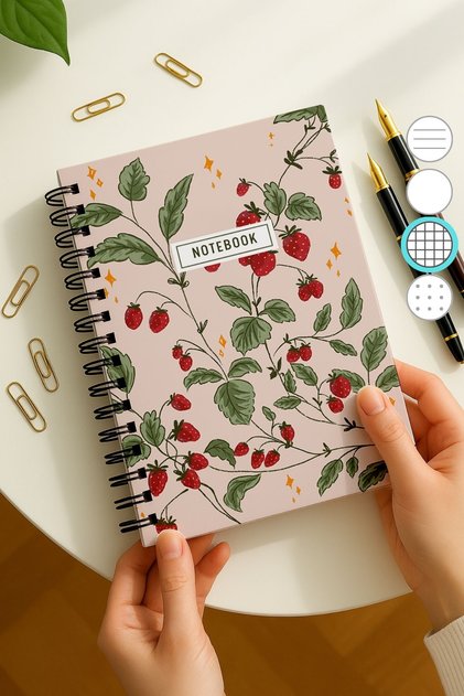 A5 Spiral Thick Cover Checkered Notepad, 80 Sheets 160 Pages, Pink Strawberry