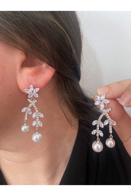 Stoned Silver Color Pearl Dangle Stylish Party Engagement Henna Wedding Wedding Evening Dress Earrings