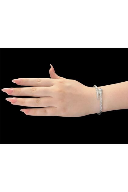 Women's Steel Silver Color Snake Pattern Zircon Stone Design Handcuff Bracelet