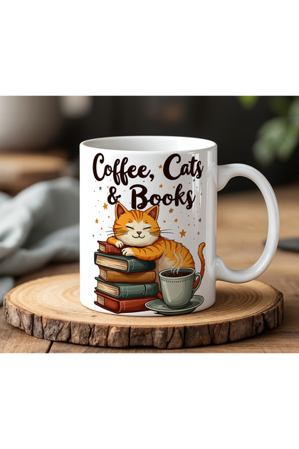 Coffee Cats Books Siyah Yazı Tasarımlı Beyaz Seramik Baskılı Kupa Bardak 330ml