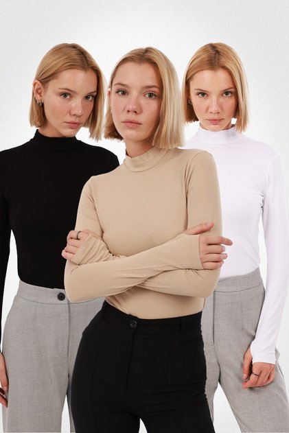 Kadın Parmak Detaylı Body 3’lü Set – Siyah Beyaz Ekru