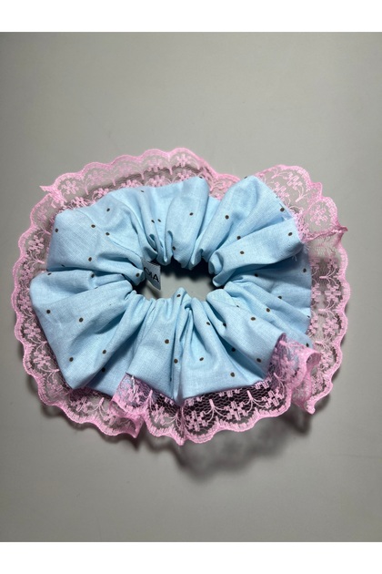 Blue Polka Dot Cotton Lace Scrunchie Rubber Buckle