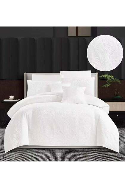 6Pc King Size Embossed Embroidery Jack Cotton Comforter Set White