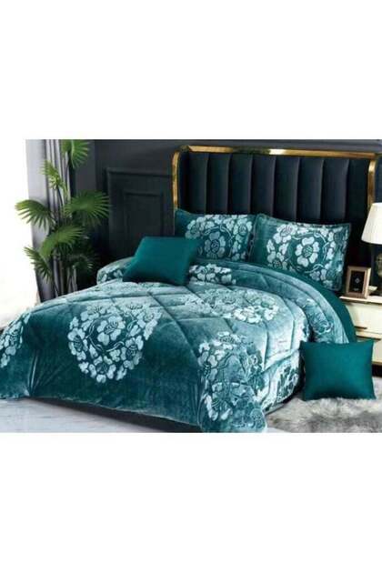 6 PC GREEN FLORAL SOFT & LUXURIOUS FAUX FUR COMFORTER SET