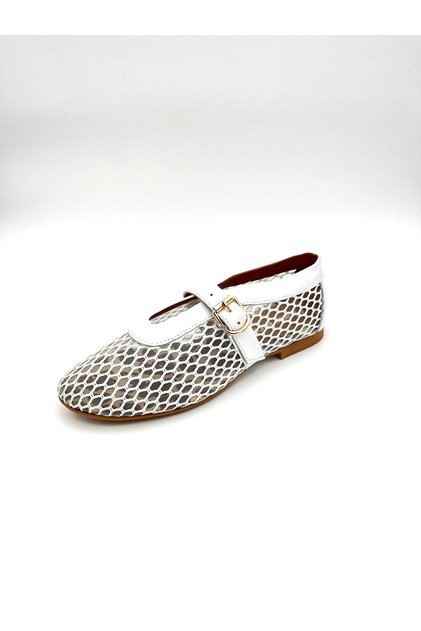 Women's Flat Heeled Mesh Ballerina Leopard Lining Detailed Genuine White Leather