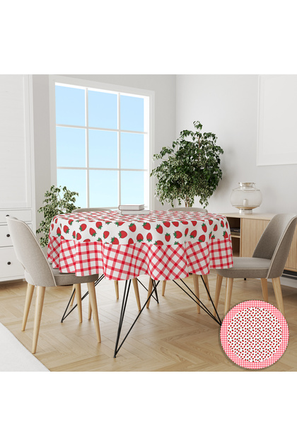 Worry-Free Tablecloth with Plaid and Strawberry Round Pattern