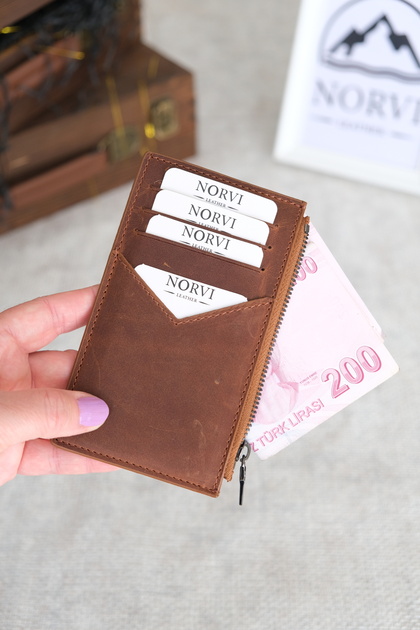 Genuine Leather Zippered Card Holder Hazelnut Color