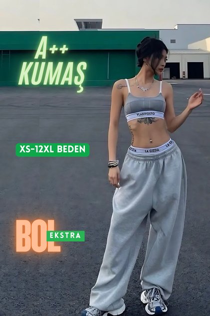 Büyük Beden Paçası Lastikli Battal Kalıp Baggy Oversize Eşofman Altı Siyah Gri