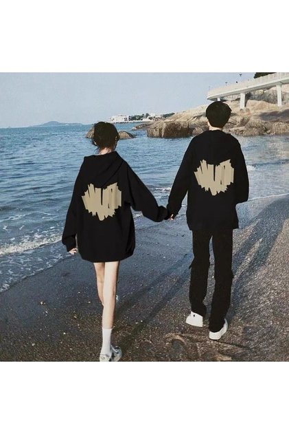 سويت شيرت من النوع الثقيل Heart Lover Couple - هوديي أسود مطبوع كبير الحجم