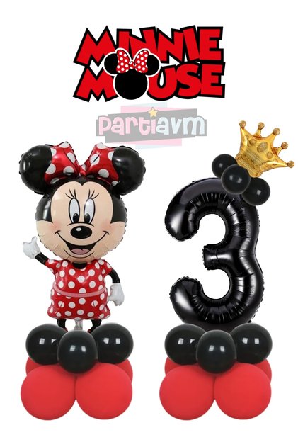 3 Years Old Minnie Mouse Balloon Set Black Number Balloon Balloon Column Mini Mouse Party Theme Easy Installation.