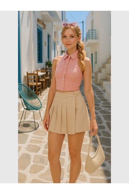 Women's Pleated Front Closure Fabric Shorts Skirt
