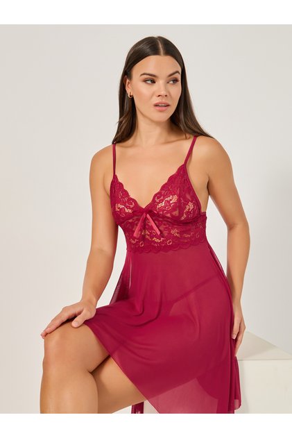 Lace Asymmetric Hem Babydoll with Briefs
