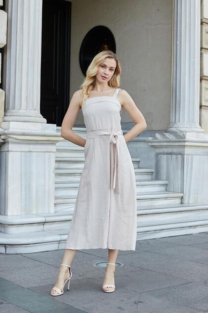 Women's Silky Modal Fabric Suspender Skirt Kiloş Knee Length Summer Evening Dress-Beige
