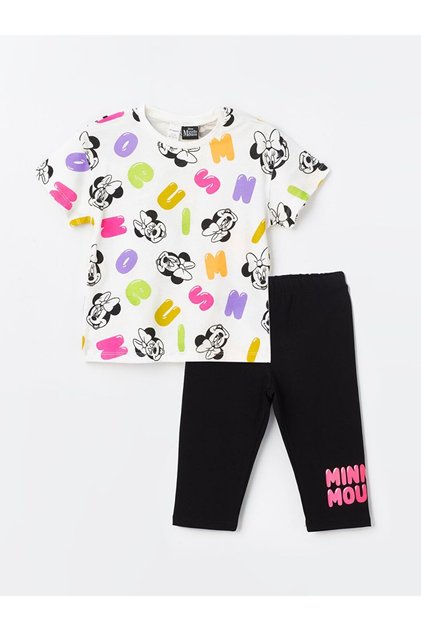 Ecru Crew Neck Short Sleeve Minnie Mouse Printed Baby Girl T-Shirt and Leggings 2-Piece Set