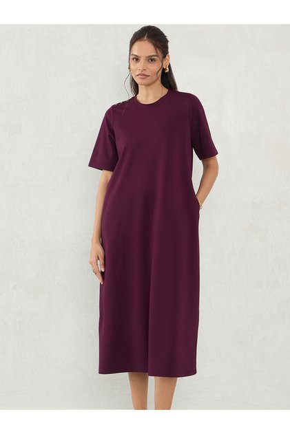 Burgundy Solid Knit Shift Midi Dress with Slit Detail