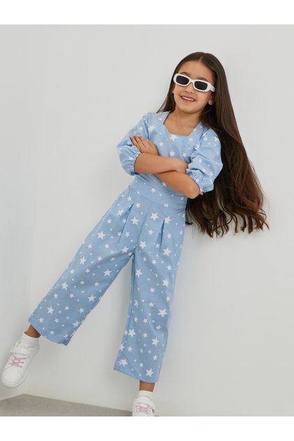All-Over Print Balloon Sleeve Pleated Detail Jumpsuit