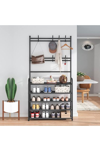 Fohome 5-Tier Coat Rack with Shoe Rack, 3 in 1 Shoe Organizer Cabinet Entryway with 8 Hooks