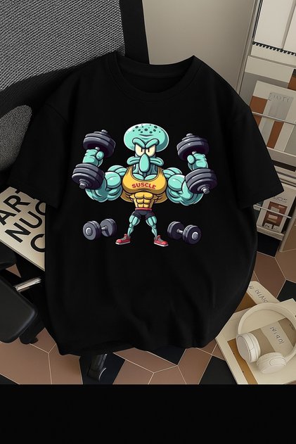 Unisex Men/Women Gym Squidward Athlete Teddy Bear Weighted Color Printed Oversize Cotton T-Shirt