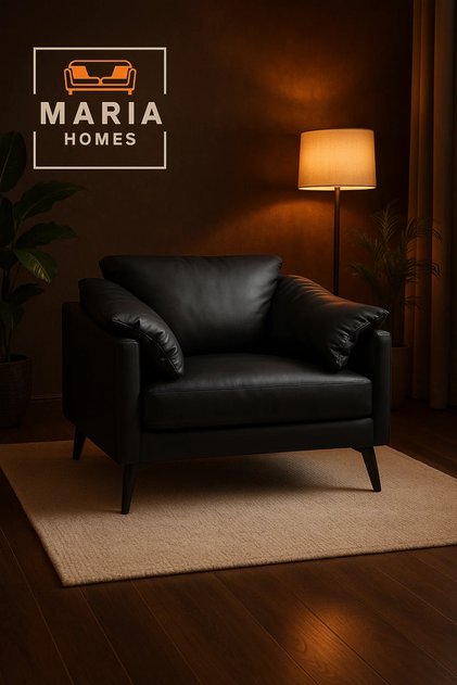 Modern Black Leather Armchair – Wide Seat with Pillow Armrests