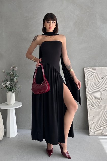 Strapless Slit Stretchy Sandy Fabric Long Maxi Dress with Scarf Detail