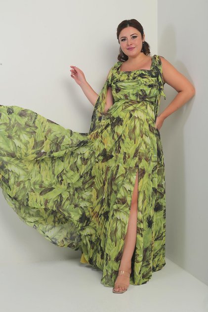 Rochie lungă din șifon creponat de mărime mare, cu model de frunze, cu umăr, cu guler Degaje