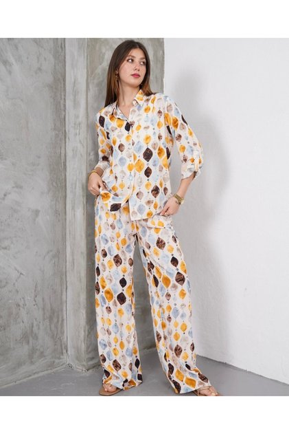 Women's Multicolor Geometric Patterned Bottom Top Viscose Set