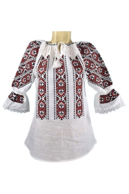 Ie Dama, Bumbac, Maneca 3/4, Model Traditional Rosu-Negru, Marime S