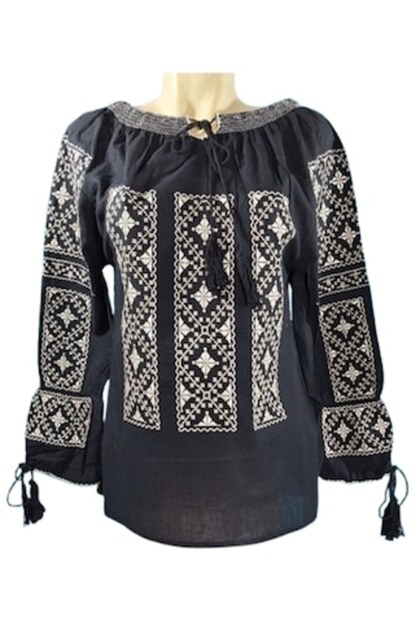 Ie Dama, Maneca Lunga, Bumbac, Model Traditional, Broderie Bej, Negru, Marime 2XL