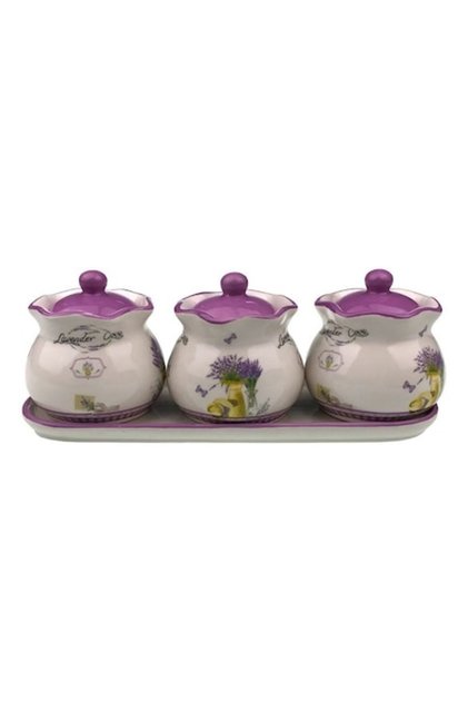 Set recipiente ceramice pentru ulei, 3 borcane cu capac, design lavandă, 35x14cm, multicolor