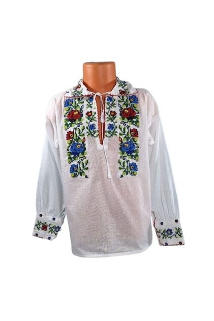 Ie nationala, din bumbac pentru baieti Alb cu broderie florala multicolora, 14 ani