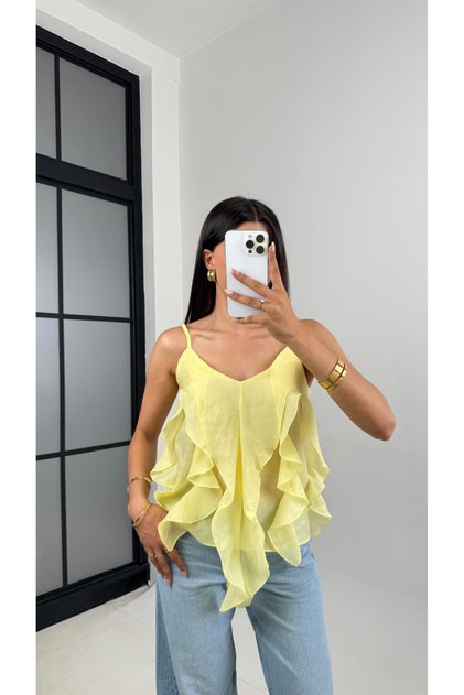 Yellow Adjustable Strap Md Equivalent Ruffle Detailed Blouse Gaus00665
