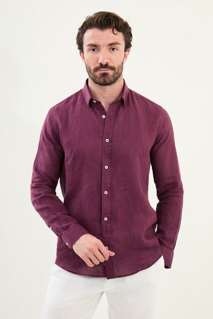Plain Slim Fit Long Sleeve 100% Linen Men's Shirt Plum - 27079.25Y